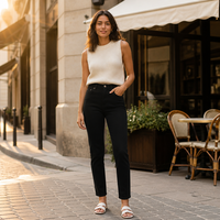Jean taille haute fuselé pour femme, 98 % coton, longueur cheville, 5 poches, fermeture éclair, passants de ceinture, classique