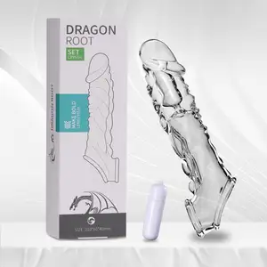 Vibrador de condón de manga de pene alargado de cristal suave de alta calidad para hombres juguete sexual