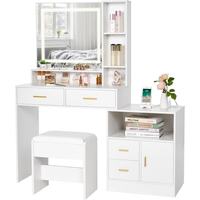 Coiffeuse blanche personnalisée en L avec miroir LED et éclairage, 6 tiroirs, tabouret et rangement pour bijoux