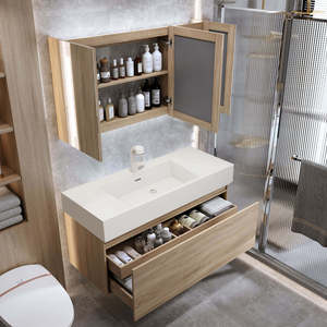 Solid wood color smart bathroom cabinet storage <b>mirror</b> cabinet <b>white</b> countertop washbasin hanging cabinet body - Product Image 2