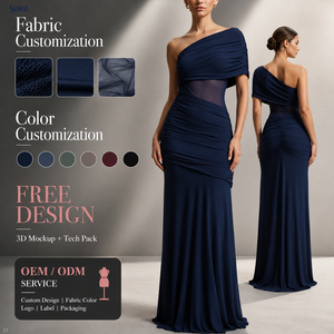Vestido Maxi Formal de Noche para Mujer, Elegante, <span class=keywords><strong>Azul</strong></span> Marino a Cuadros, de Poliéster Tejido, con Hombro Descubierto, Fruncido en la Cintura, Estilo Sirena - Product Image 1