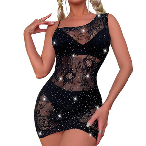 Robe nuisette sexy en maille à strass, épaule unique, dos nu, entrejambe ouvert, pour femme, uniforme de tentation pure - Product Image 5