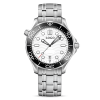 Montre de plongée automatique pour hommes, bracelet en acier argenté, cadran à vagues blanches, lunette noire, date, montre-bracelet mécanique de sport