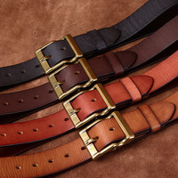 Sabuk pria kulit Matte asli, sabuk kulit asli, gesper tembaga, sabuk jins Vintage, tren kualitas tinggi