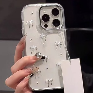 Lindo brillo niñas mujeres arco silicona TPU teléfono caso <span class=keywords><strong>para</strong></span> <span class=keywords><strong>iPhone</strong></span> 16 15 14 13 Pro Max plata Bowknot diamante claro teléfono caso - Product Image 2