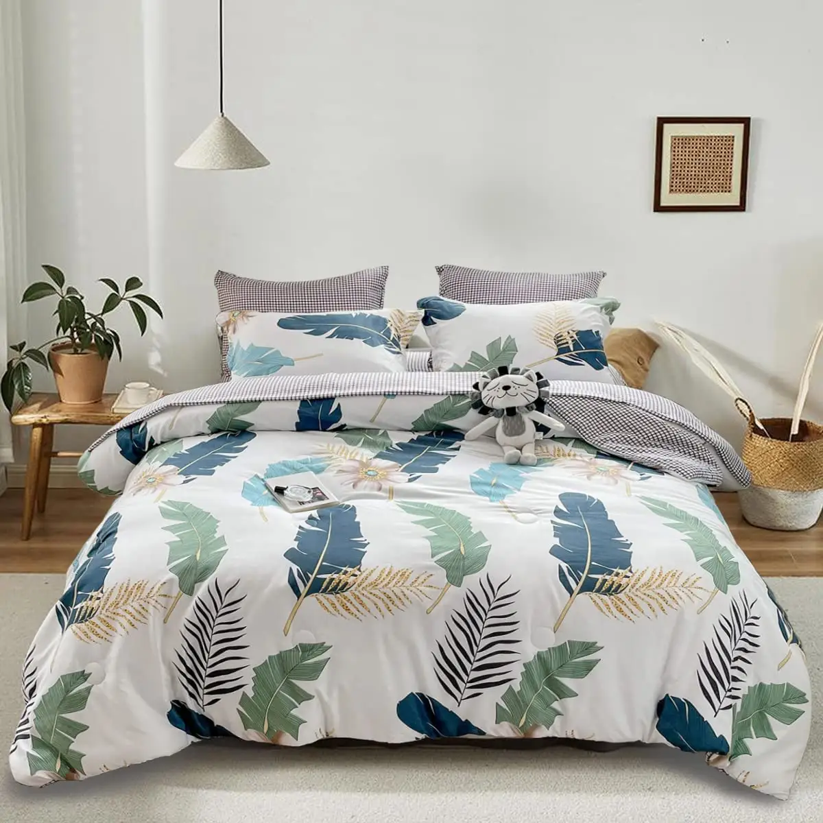 녹색 열대 이불 커버 세트 시트 이불 커버 및 베갯잇이있는 흰색 침구 세트에 인쇄 된 극세사 꽃 침대