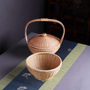 Handmade Bamboo Round Basket With Lid Kitchen Food Storage Container <b>Standing</b> Type Woven Basket For <b>Vegetable</b> Fruit Egg - Product Image 2