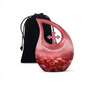 Beautiful <b>Pick</b> Tear Drop <b>Flower</b> Theme Cremation Urn for Adult Human Ashes Decorative Keepsake Cross Urn With Free Velvet Bag - Product Image 1