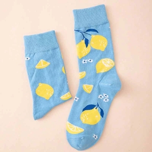 Chaussettes mi-mollet chaudes pour femmes, motif citron de dessin animé simple, ciel étoilé, lune, petites fleurs, dinosaures de dessin animé - Product Image 6