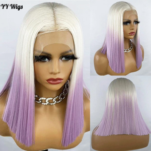 Parrucche frontali in pizzo sintetico 13x4 per <span class=keywords><strong>capelli</strong></span> corti Futura <span class=keywords><strong>viola</strong></span> Ombre bianco taglio corto parrucche diritte resistenti al calore per donna - Product Image 2