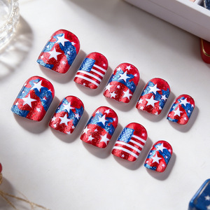 Faux ongles carrés prédécoupés à pression, style européen, <span class=keywords><strong>rouge</strong></span> et bleu, à paillettes, motif étoiles et rayures, pour la Fête de l'Indépendance, 24 pièces par paquet - Product Image 4