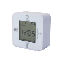 Jam Alarm Elektronik Plastik Modern Multifungsi 4-in-1 Mini Portabel Desktop dengan Termometer, Timer, dan Kalender Persegi