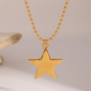 Collar con Colgante de Estrella, Chapado en Oro de 18k, Acero Inoxidable, Estrella Lisa de Cinco Puntas, Cadena con Cuentas, Joyería - Product Image 3
