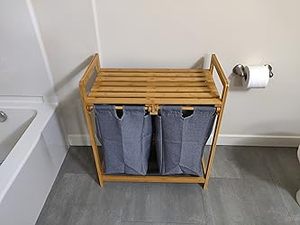 Panier à linge double en bambou autoportant robuste avec sacs de rangement amovibles pour salle de bain - Product Image 4