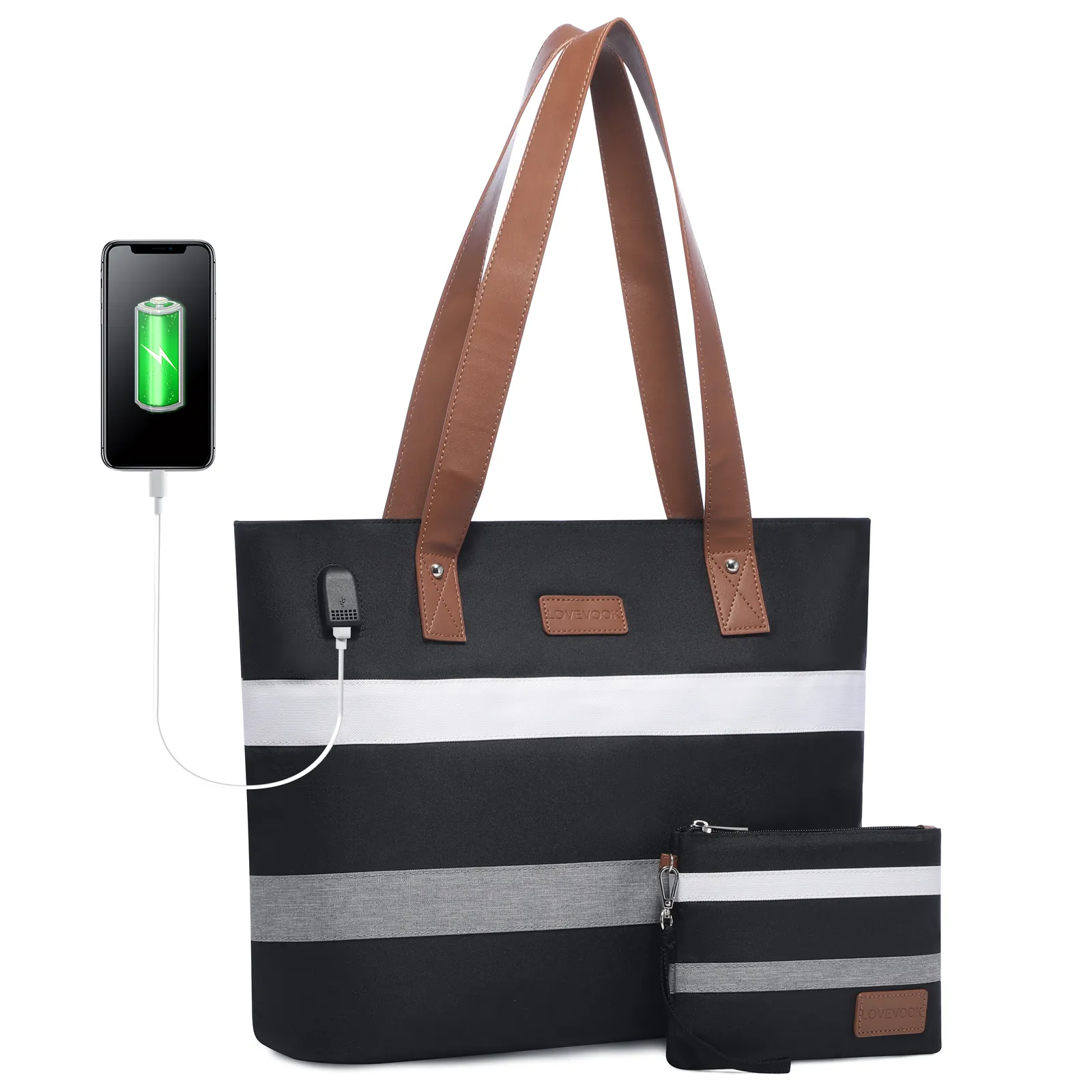 2pc/set Waterproof Lightweight Oxford Handbag Set Fits 15.6 in Shoulder bag Purse Work School Laptop Tote Bag for Women with USB