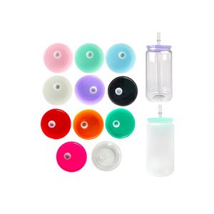 Reusable Colorful <b>Plastic</b> Replacement Lid for 16Oz Double Wall Snow Globe Glass Can with Flip up Straw Camping Use - Product Image 1