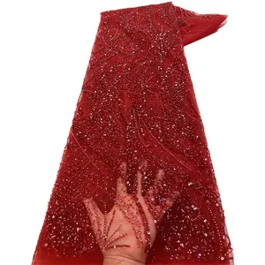 चमकदार लाल फीता कपड़े मोती कशीदाकारी कपड़े Guipure जाल फीता मनके कढ़ाई के कपड़े