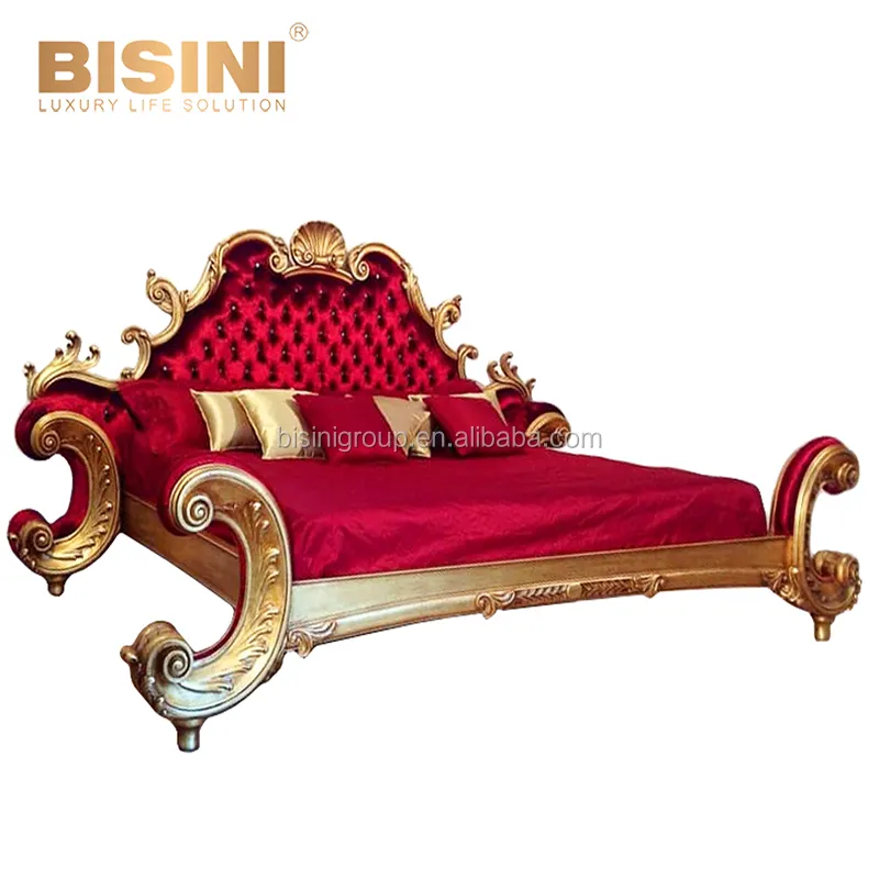 Tempat Tidur Ukuran King Berumbai Merah dan Emas Ukiran Kayu Imperial Desain Eropa