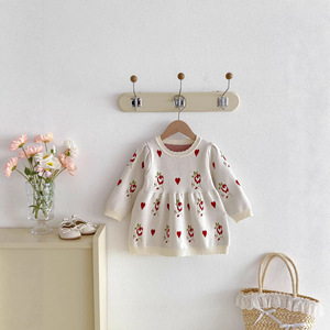Robe pour filles 2026 Nouvelle collection Printemps – Robe pull en coton tricoté au crochet pour bébé, style occidental, motif floral, jupes douces pour bébés - Product Image 3