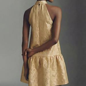 Robe mini jacquard champagne pour femme, col halter, ourlet à volants, robe de soirée style A-line - Product Image 2