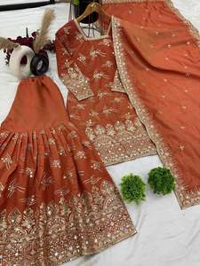 DESIGNER <b>SHIMMER</b> SILK THREAD AND SEQUENCE WITH REAL MIRROR WORK <b>TOP</b> SHARARA WITH DUPATTA ORANGE - Product Image 5