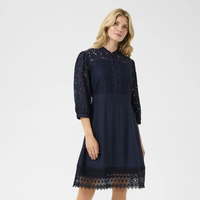 Robe Courte Décontractée pour Femme, Col Montant, Manches en Dentelle, Bleu Marine Uni, Coupe Évasée, Vente en Gros Personnalisée