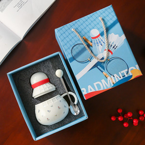 Custom <b>Badminton</b> Shaped Ceramic Mug with Lid and Spoon Creative Sports Style Gift Coffee Cup - Product Image 6