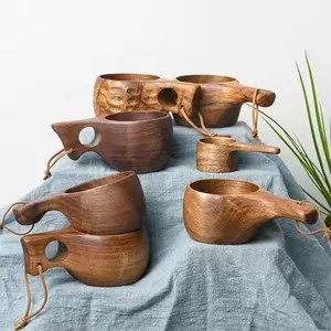 Taza de madera de acacia natural para acampar, taza de madera dura, taza de campamento, diseño nórdico de madera natural con cordón de cuero