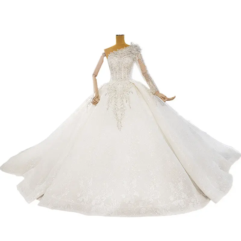 New High Quality Beading Sequin Wedding Dress Long Train Bridal