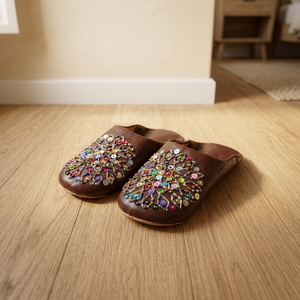 Sandalias de Cuero Genuino Marrón con Cuentas, Punta Abierta, Suaves, para Interiores, para Todas las Temporadas, Pantuflas para Mujer - Product Image 1
