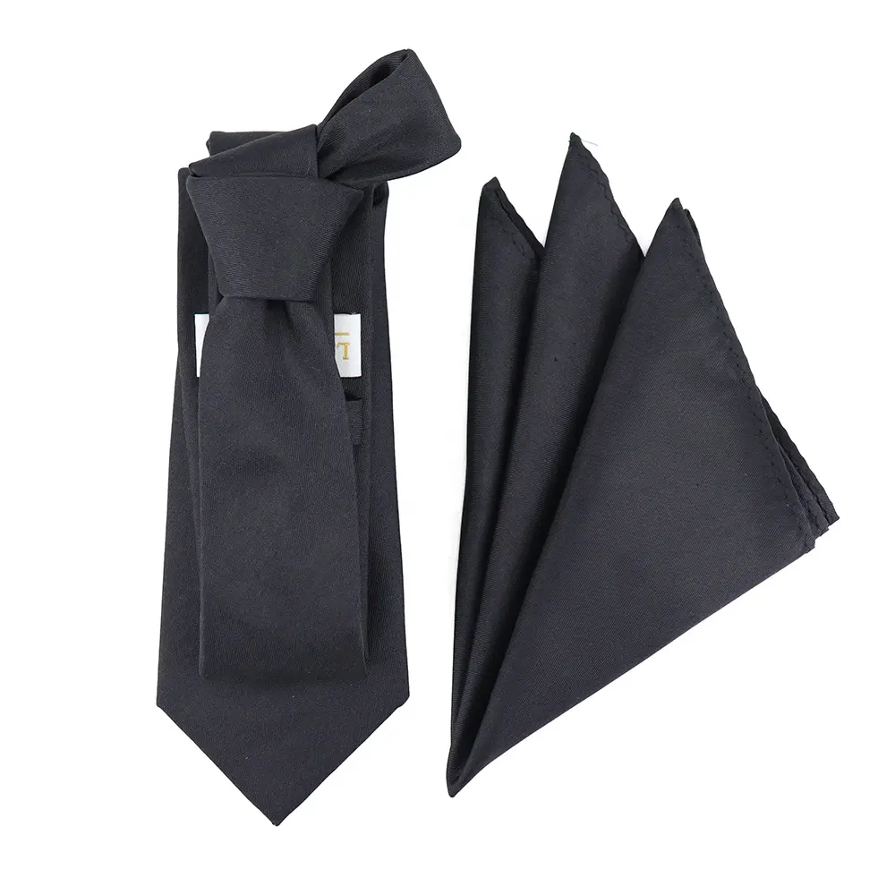 Black Luxury Silk Private Label Pocket Square Solid Color Design 7 Fold Men Suit Wedding Tie Sets