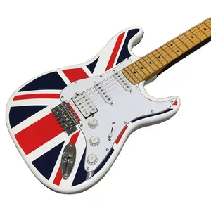 Union Flag Sticker Foto Painting St Handgemaakte Ongebruikelijke Lindehouten Lichaam Met Parel Slagplaat Elektrische Gitaar