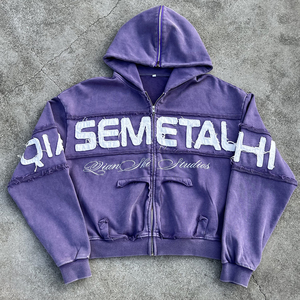 Custom Cropped Boxy Graphic 100% Cotton Hoodies Oversized Vintage Zip Hoodie Embroidered Distressed Acid Washed Zip up Hoodie - Product Image 1