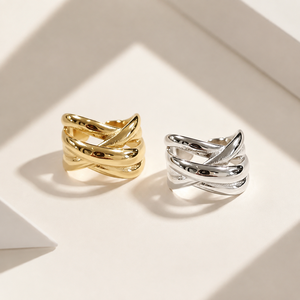 Interwoven <b>Ribbon</b> Ring Stainless Steel 14K Gold Vacuum Plated Adjustable <b>Wide</b> Band Gold and Silver Colors - Product Image 1