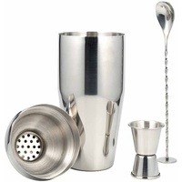 Juego de coctelera de 3 piezas con jigger doble, cuchara de barra de acero inoxidable y colador incorporado para bar en casa y coctelería.