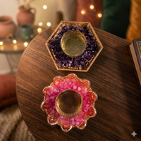 Ensemble de porte-bougies en cristal plaqué or NOBLESTONE GEMS fait à la main, forme de fleur rose violette, cadeau décoratif pour mariage ou fête