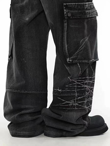 Pantalon cargo en denim pour homme, style vintage, broderie Y2K, hip hop, respirant, imprimé, ODM, tendance, multi-poches - Product Image 4