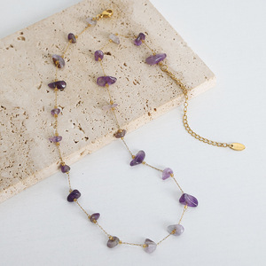 Stainless Steel PVD 18K Gold <b>Statement</b> <b>Necklace</b> | Multi-Color Semi-Precious Natural Stone Chip Chain - Product Image 3