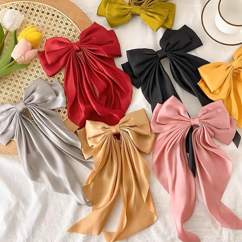 Wholesale Hot Selling Big Bow Spring Hair Clips Plain Color Stain Fabric Long Ribbon Hair Bows Accessories For Women