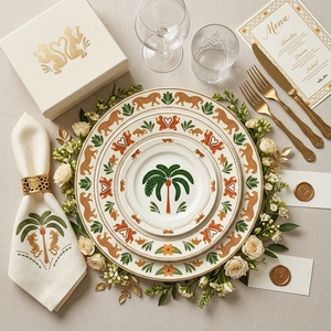 Ensemble de vaisselle en céramique de luxe, motif tigre de la jungle, léopard, palmier tropical, vaisselle en porcelaine rétro, assiette ronde pour salade et dessert - Product Image 1