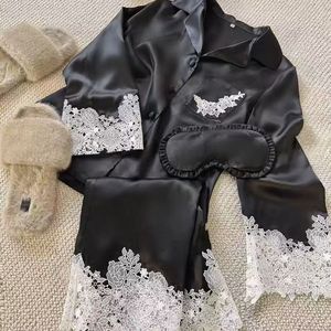 Groothandel op maat gemaakte luxe kant lange mouwen satijnen pyjama's dames 2-delig geborduurde zijden slaap- en loungekleding set OEM ODM privélabel - Product Image 5