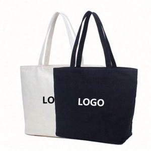 Eco Friendly Creamy Beige Black Blank Reusable Cotton Shopping Bag <b>Canvas</b> Plain <b>Tote</b> Bags With Logo for Women Shoulder Grocery - Product Image 1