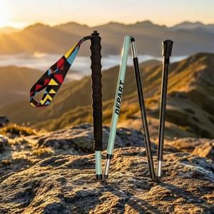 Bastones de Trekking de Fibra de Carbono Depart, 4 Secciones, Telescópicos, Portátiles, con Punta Metálica, Amarillo Azul Cielo - Product Image 1