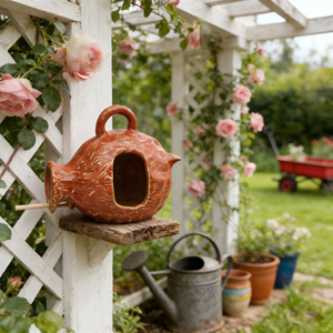בית ציפורים תלוי מקרמיקה בצבע כחול אומברה - קישוט לגינה בסגנון קוטג' - Product Image 5