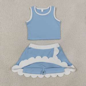 GSD4084 Rts Conjunto de Falda y Top sin Mangas Azul Liso con Estampado para Niñas Pequeñas, Venta al por Mayor, Ropa Infantil de Verano, Conjunto de Yoga Informal de Lana Peinada - Product Image 2