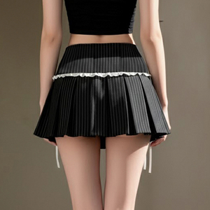 School style <b>low</b>-<b>waisted</b> striped pleated <b>skirt</b> with contrast lace paneling bowknot and button placket A-line short <b>skirt</b> - Product Image 6