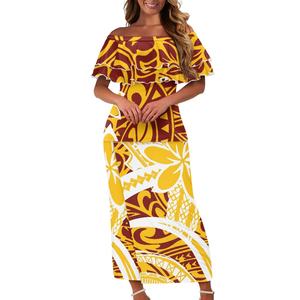 Venta al por mayor Samoan tradicional tatuaje estampado vestido de <span class=keywords><strong>mujer</strong></span> personalizado barato Polinesia impreso señoras isla conjunto de dos piezas Puletasi - Product Image 2