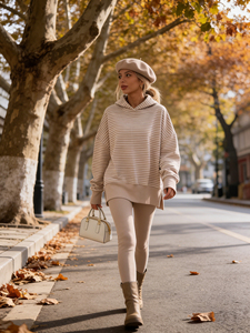 批发定制女式 Y2K 秋季休闲运动针织连帽衫条纹印花侧开衩设计时尚街头风格 ODM - Product Image 4