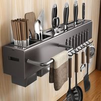 Support à couteaux en acier sans perçage, étagère de cuisine multifonctionnelle murale pour spatules, baguettes et ustensiles de cuisine
