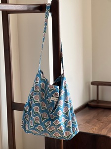 SY Nouveau Sac à Bandoulière en Coton Imprimé Traditionnel Bleu Moutarde Vert, Sac Écologique Fin pour Femme, Sac de Courses - Product Image 6